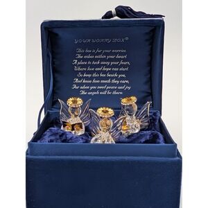 Blue Velvet Trinket Box‎ 3 Spun Glass Angels 18K Gold Plated Swarovski Crystals
